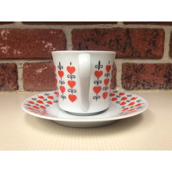 Retro Tea Cup and Saucer Set Fleur De Lis Relpo White with Red Hearts Black - Picture 5 of 9